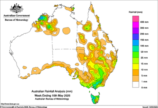 Figure 1: Australian rainfall week ending 10 May 2026. Source: BOM.
