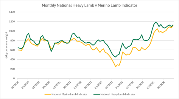 Graph Monthly National heavy lamb v Merino lamb indicator